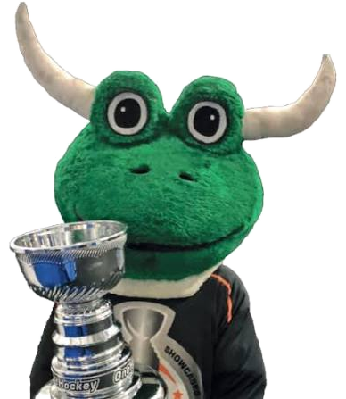 Freddie the OneHockey mascot waving hello